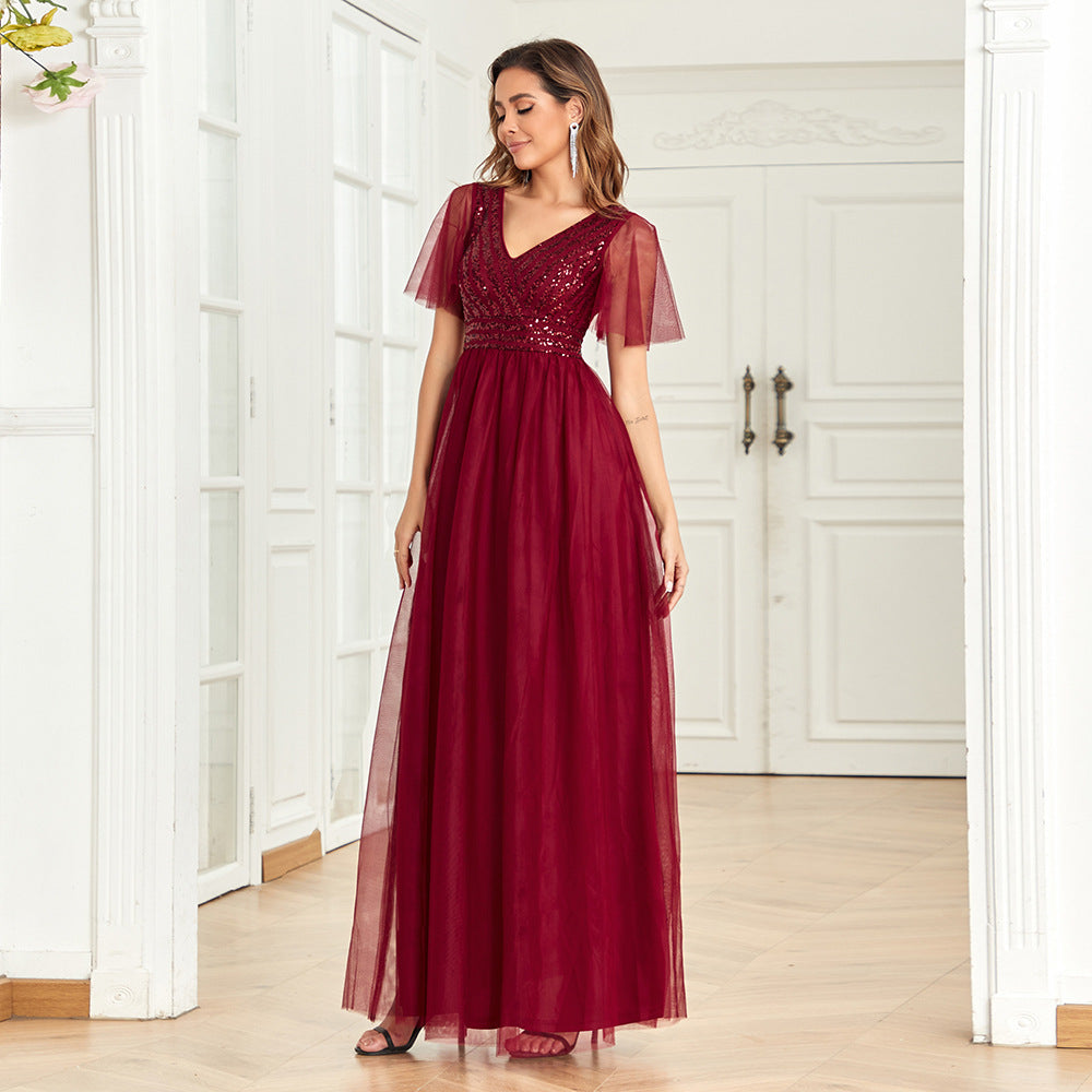 V Neck Wine Red Elegant Evening Dress Women A Line Back Zipper Mesh Stitching Sequined Short Sleeve Wedding Dress - View 2 | VelvetHem