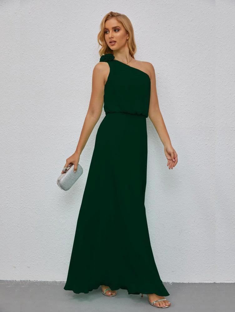 Ruffled One Shoulder Sleeveless Long Bridesmaid Dresses A-line Formal Evening Gown Side Split 28080 by numbersea