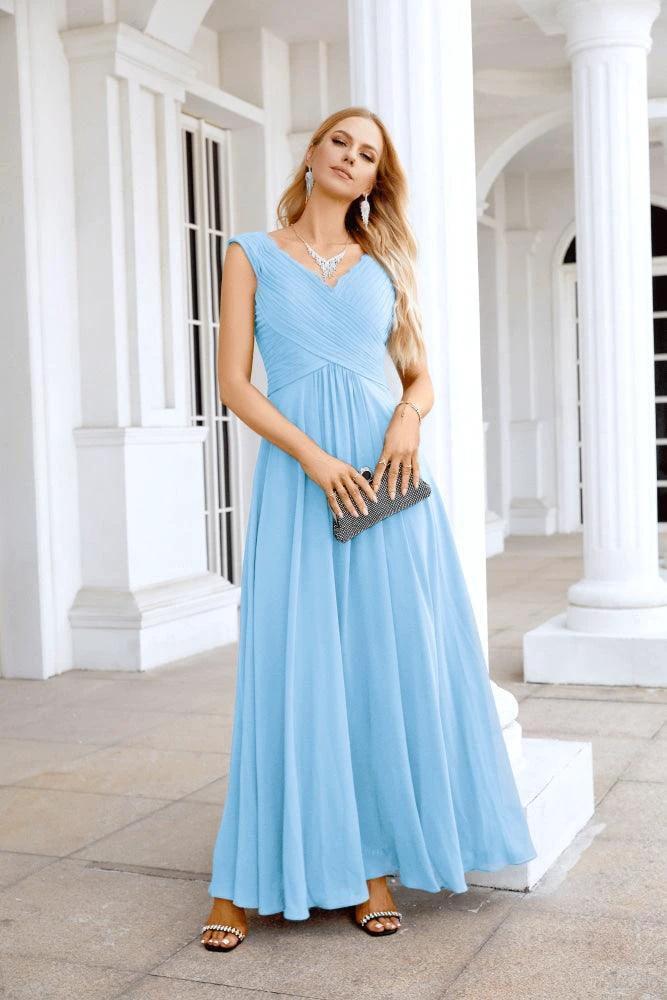 Ladies Chiffon V Neck Sleeveless Floor Length Bridesmaid Evening Dress Wedding Party Evening Dress 28126 by numbersea