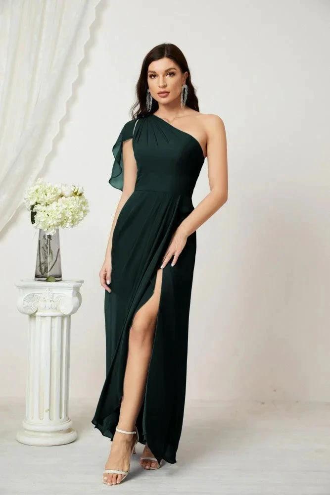 Numbersea Chiffon Ruffled One Shoulder Long Bridesmaid Dresses A-line Formal Evening Gown Side Split 2809 by numbersea