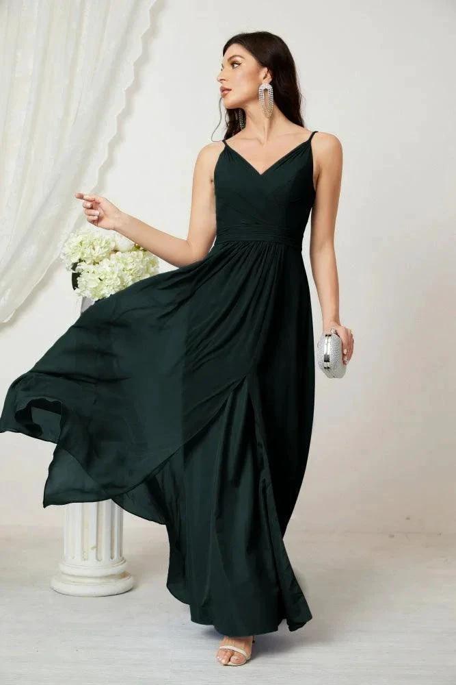 Numbersea Chiffon V-Neck Bridesmaid Dress Spaghetti Strap Long Formal Party Prom Gowns with Slit 28010 by numbersea