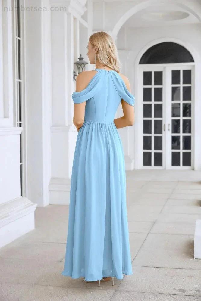 Ladies Chiffon Off Shoulder Swing Sleeve Front Slit Bridesmaid Evening Dress Wedding Party Evening Dress 28117 (ZD17011)