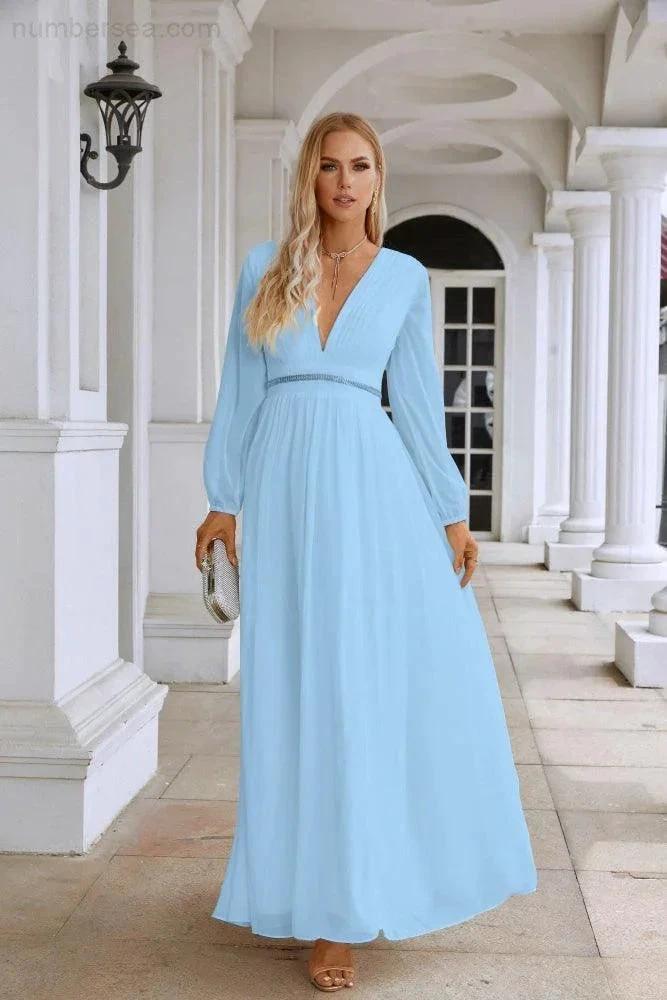 Ladies V Neck Chiffon Long Sleeve Front Slit Bridesmaid Evening Dress Wedding Party Shopping Evening Dress 28109 (ZD16991)