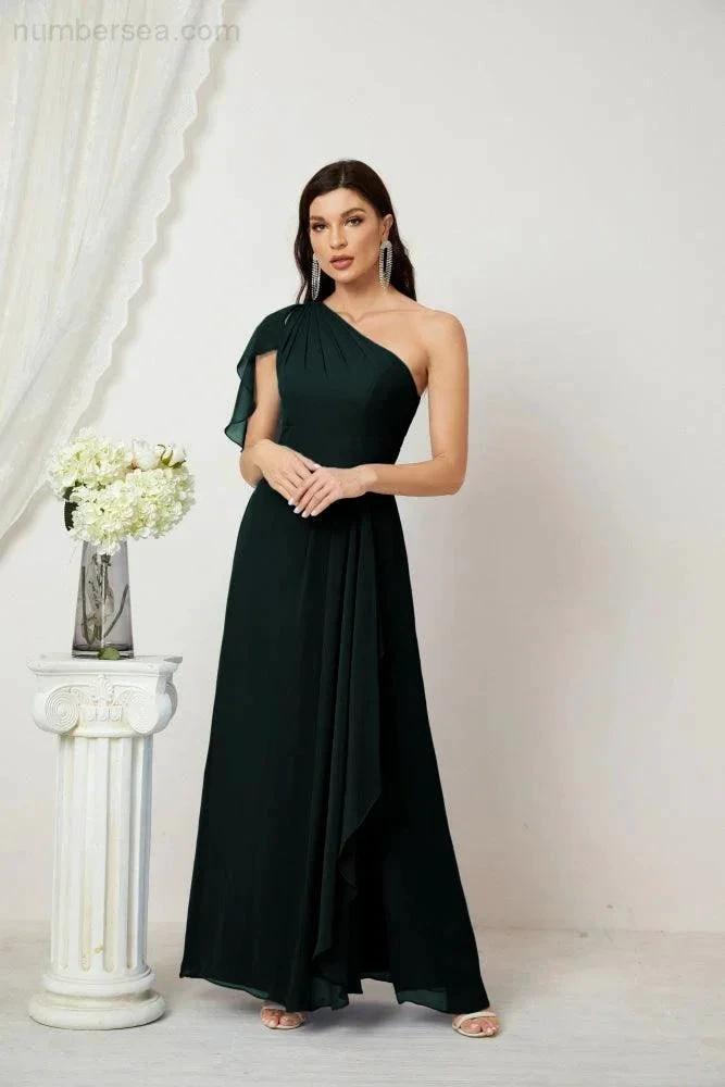 ZapDress  Chiffon Ruffled One Shoulder Long Bridesmaid Dresses A-line Formal Evening Gown Side Split 2809 (ZD17049)
