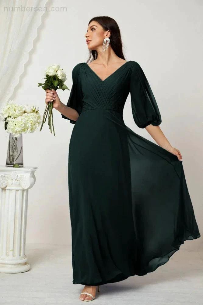 ZapDress  Formal Prom Gown Women V-Neck Chiffon Bridesmaid Dresses Long Bishop Sleeve Party Dress 2807 (ZD17027)