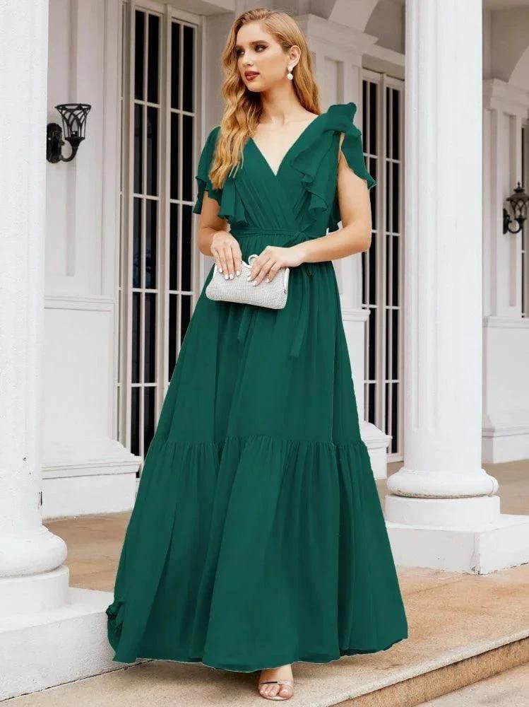 Numbersea Women's Open Back Formal Evening Party Prom Gowns V-Neck Long Chiffon Bridesmaid Dresses with Waist Belt 28038 by numbersea