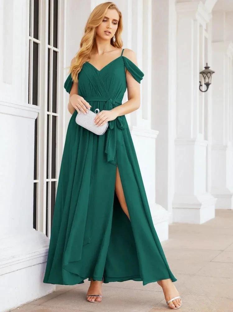 Numbersea Off The Shoulder Chiffon Bridesmaid Dress Long Formal Graduation Gown with Cowl Back 28069 by numbersea