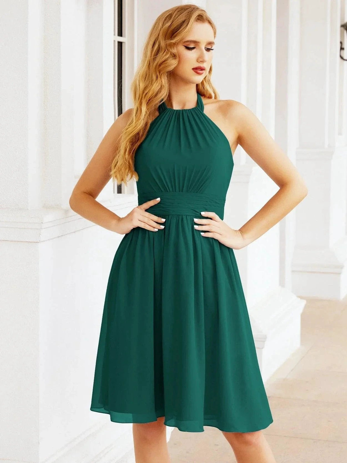 ZapDress Halter Chiffon Bridesmaid Dresses Short Sleeveless Formal Party Dress Open Back 28023 (ZD16957)