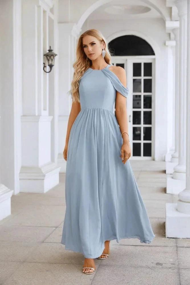 Ladies Chiffon Off Shoulder Swing Sleeve Front Slit Bridesmaid Evening Dress Wedding Party Evening Dress 28117 by numbersea