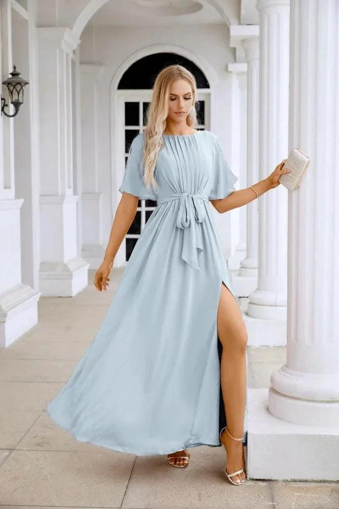 Ladies Chiffon Sleeve Crew Neck Front Slit Floor Length Bridesmaid Evening Dress Wedding Party Evening Dress 28124 by numbersea