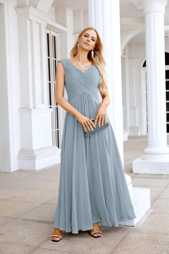 Ladies Chiffon V Neck Sleeveless Floor Length Bridesmaid Evening Dress Wedding Party Evening Dress 28126 by numbersea