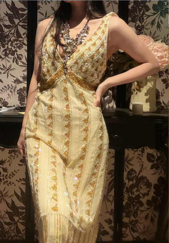 Vintage Champagne Gold Mermaid V-Neck Sequined Prom & Evening Dress - View 2 | FashionDia