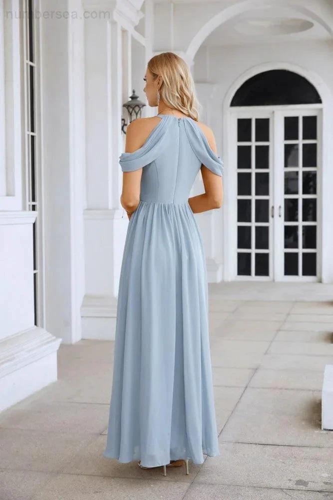 Ladies Chiffon Off Shoulder Swing Sleeve Front Slit Bridesmaid Evening Dress Wedding Party Evening Dress 28117 (ZD17011)