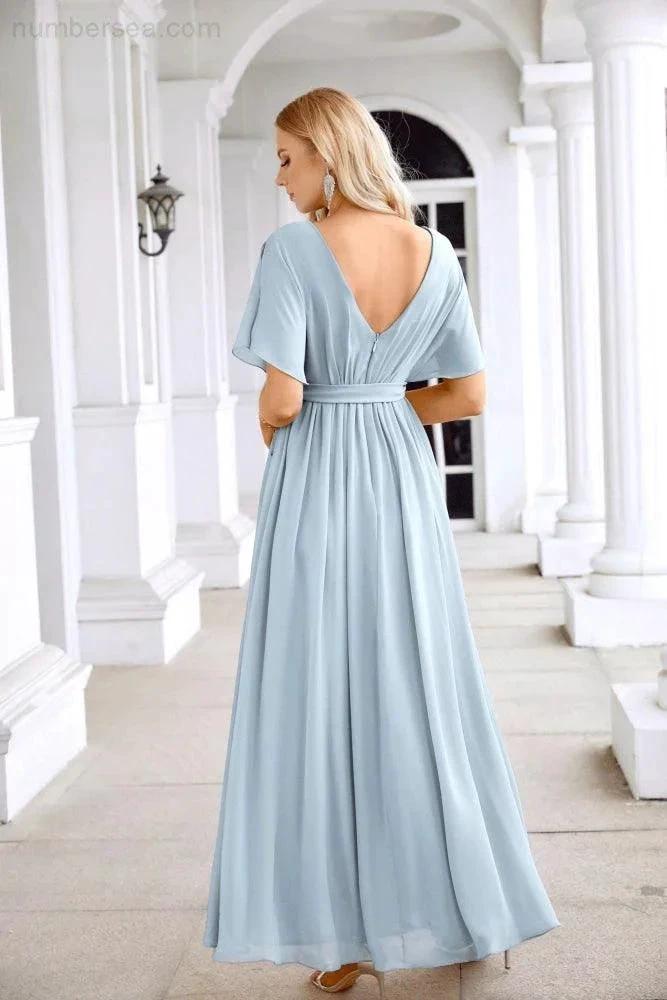 Ladies Chiffon Sleeve Crew Neck Front Slit Floor Length Bridesmaid Evening Dress Wedding Party Evening Dress 28124 (ZD17007)