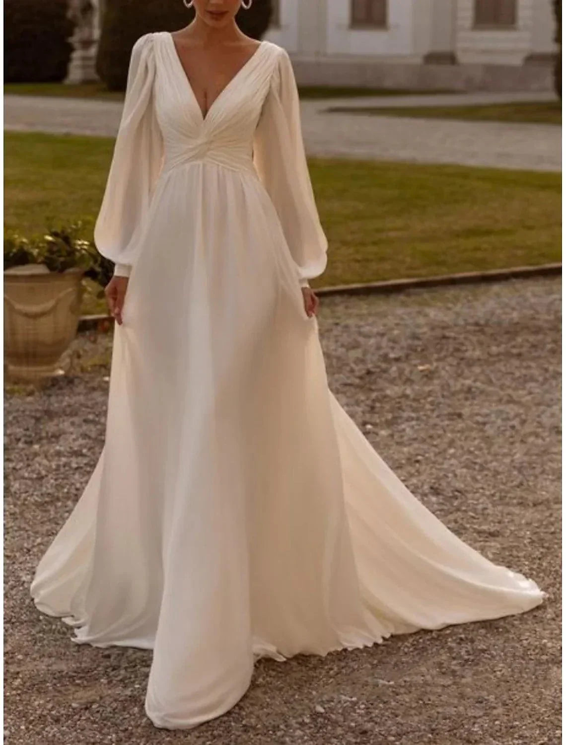 Wedding Dresses A-Line Camisole Sleeveless Tea Length Chiffon Bridal Gowns With Pleats Simple Dresses - View 3 | VelvetHem