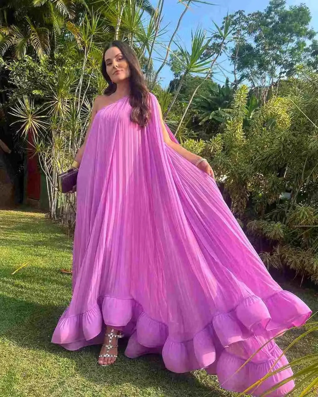 Elegant Purple Prom Dress Chiffon Straight One Shoulder Crumpled Ruffles Formal Evening Dress Floor Length Party Gowns