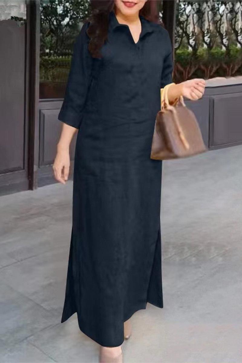 Casual Simplicity Solid Pocket Turndown Collar Shirt Dress Dresses(3 Colors) - Fashionpara