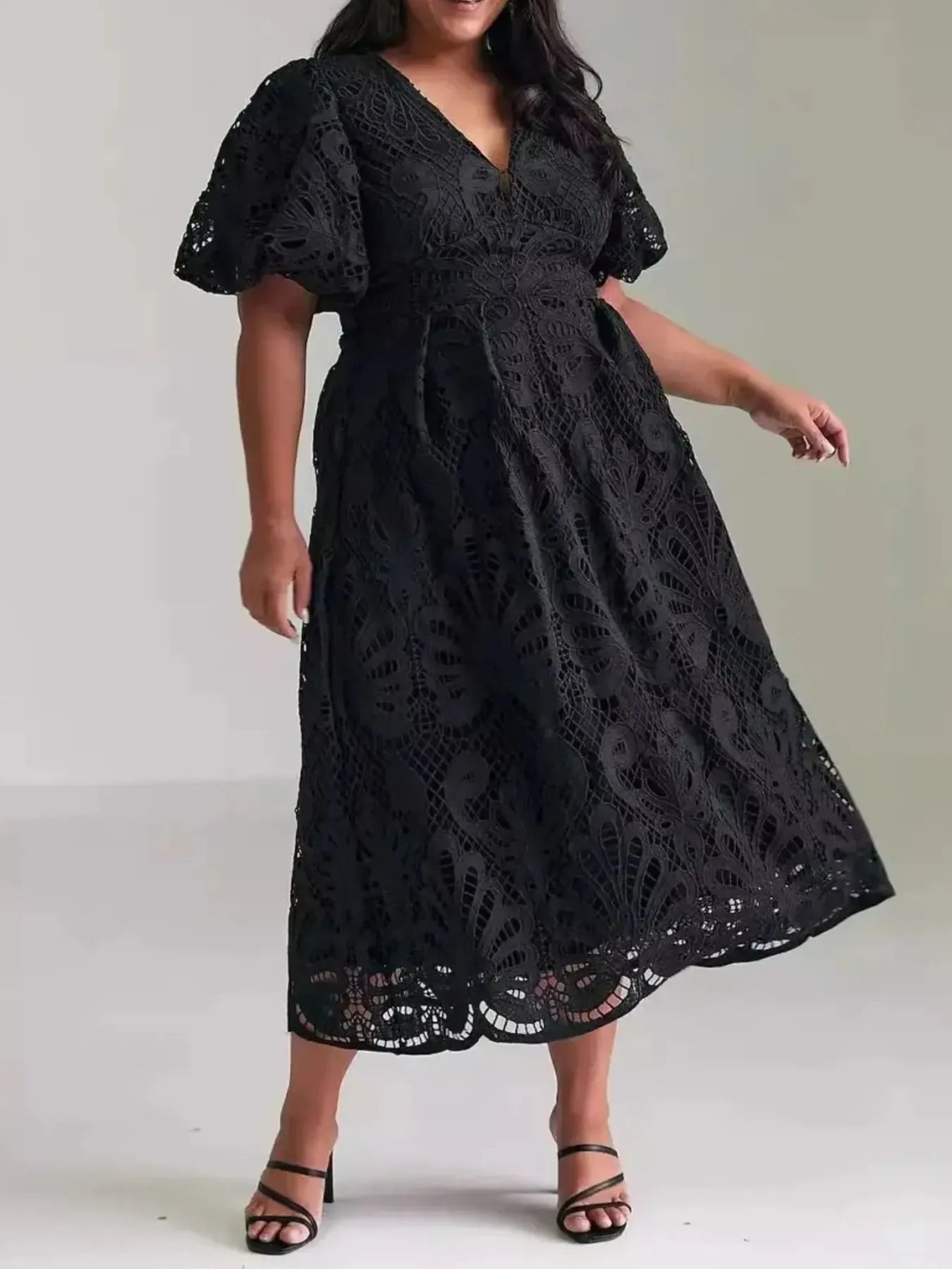 Sabrina Minimalist Long Lace Dress with V Neck and Puff Sleeves Designer Edit