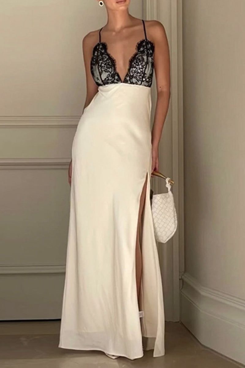 Francisca Aesthetic Sling Dresses Made of Solid Lace with a Backless Slit and V Neck Boutique Dress Collection