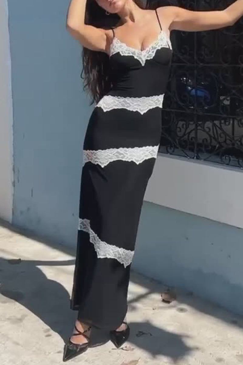 Yesenia Exclusive Dresses with Solid Color Lace Contrast V Neck and One Tier Skirt Evening Wear Edit