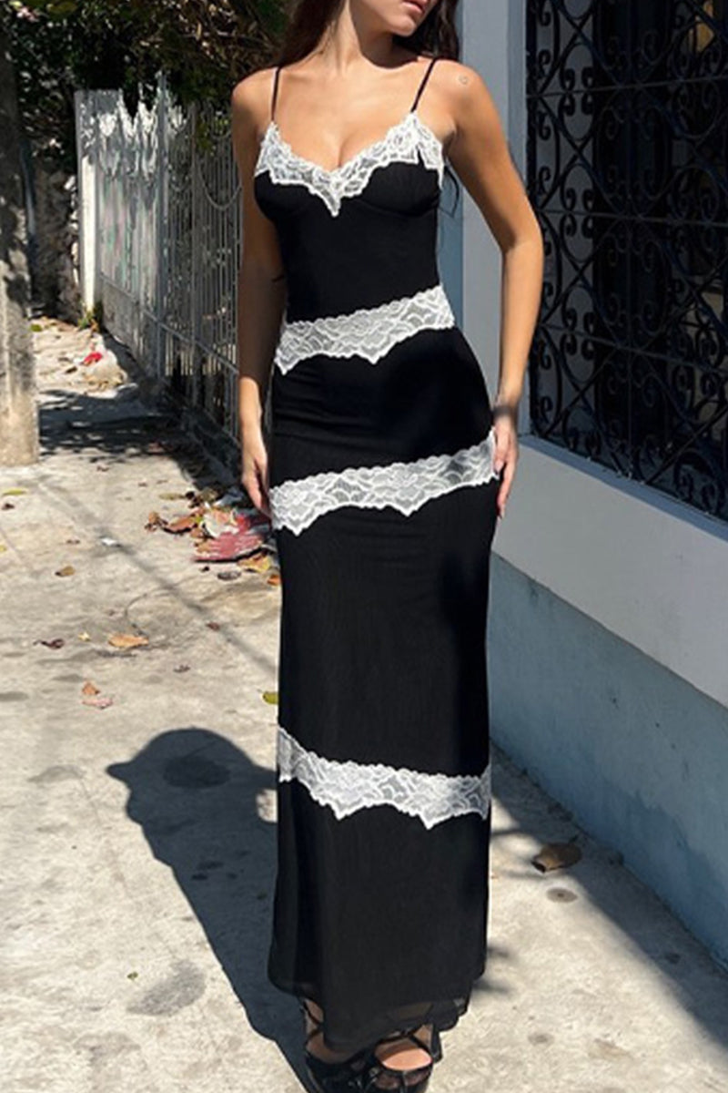 Yesenia Exclusive Dresses with Solid Color Lace Contrast V Neck and One Tier Skirt Evening Wear Edit