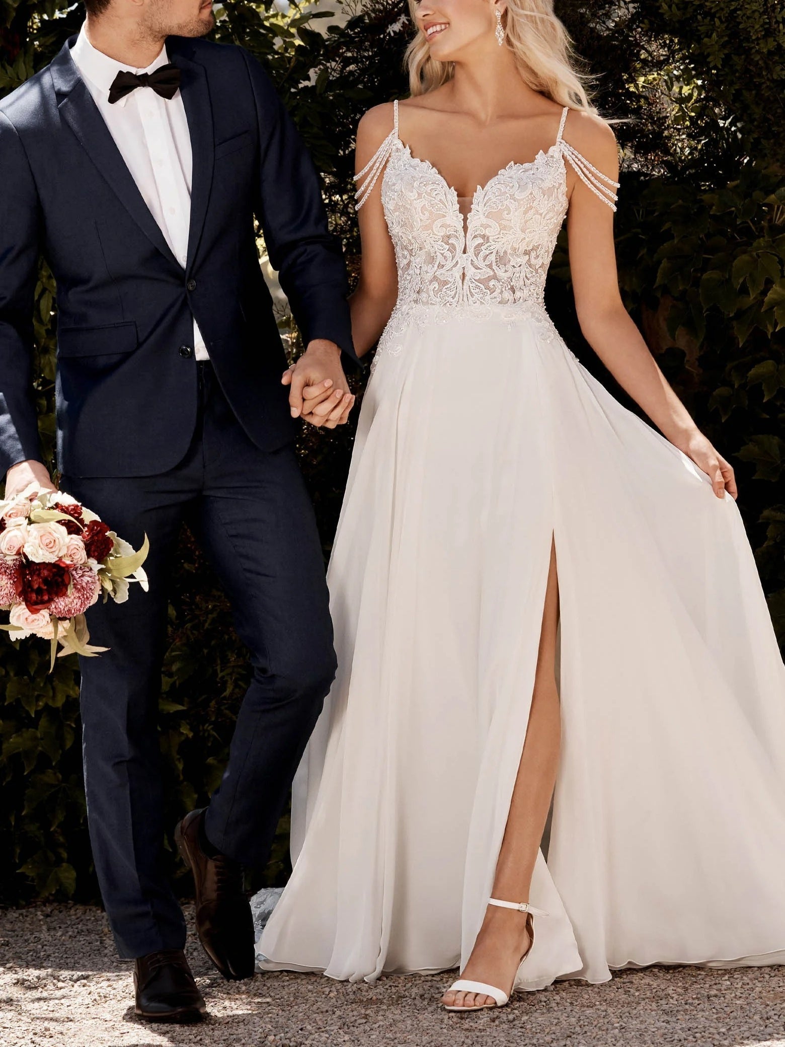 A-Line Chiffon Bridal Gown Beaded Shoulder Straps V Neck Lace Top With Slit