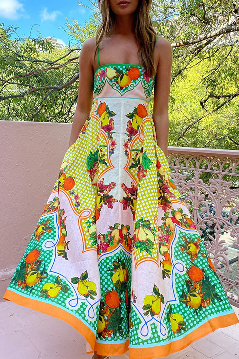 Casual Cute Fruit printing Patchwork Sling Dresses - Fashionpara