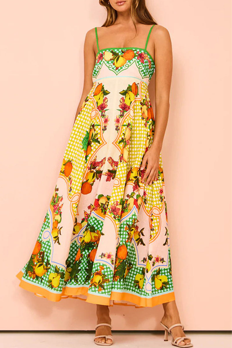 Casual Cute Fruit printing Patchwork Sling Dresses - Fashionpara