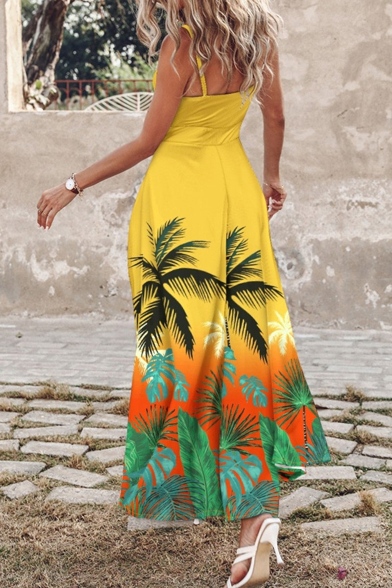 Eva Aesthetic Casual Print Backless Slit Long Dresses with Spaghetti Straps Designer Dress Edit