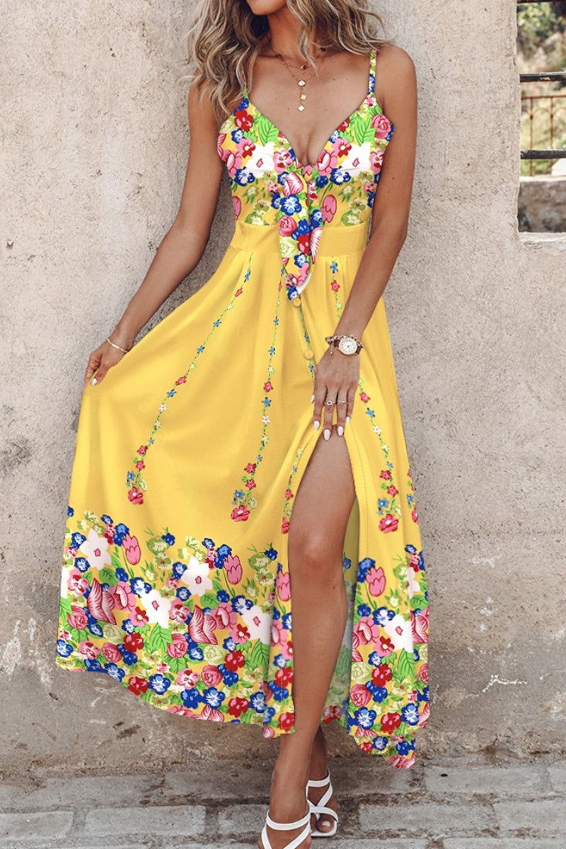 Eva Aesthetic Casual Print Backless Slit Long Dresses with Spaghetti Straps Designer Dress Edit