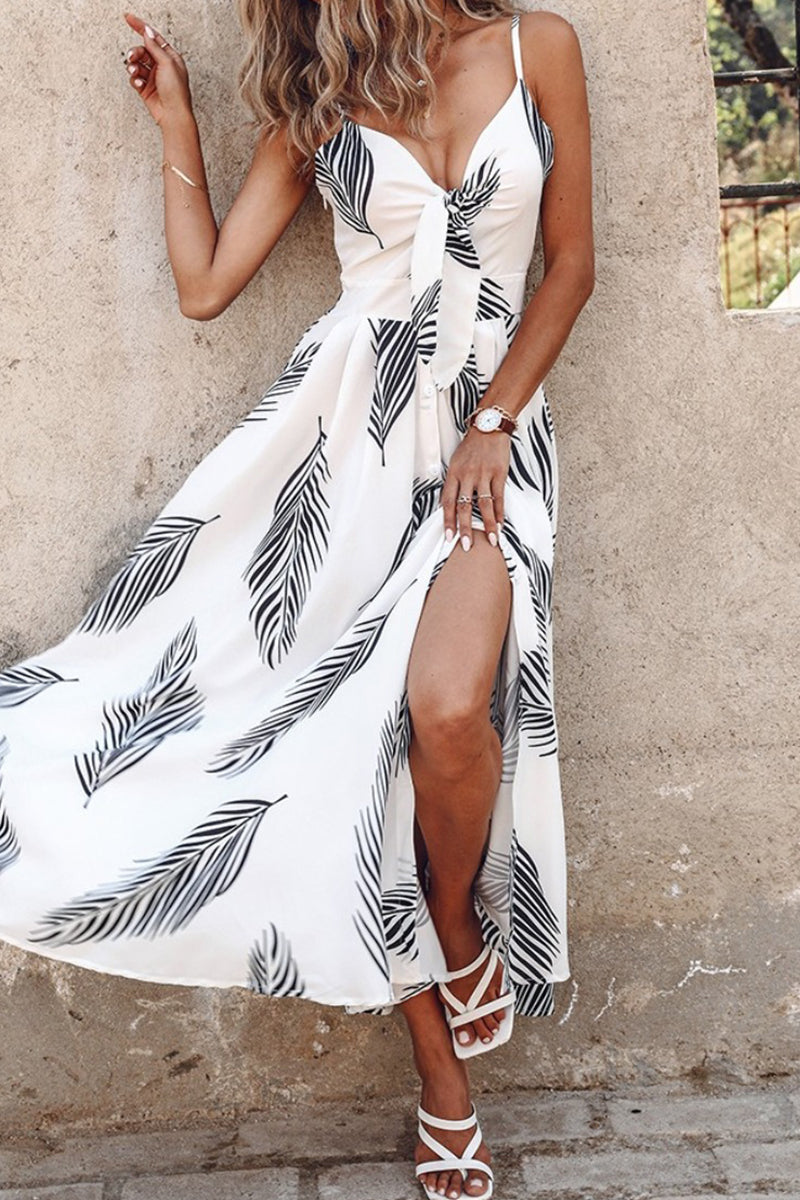 Eva Aesthetic Casual Print Backless Slit Long Dresses with Spaghetti Straps Designer Dress Edit