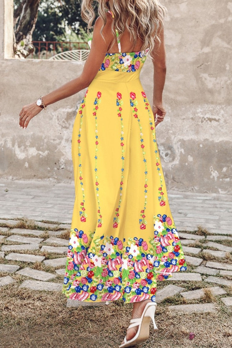 Eva Aesthetic Casual Print Backless Slit Long Dresses with Spaghetti Straps Designer Dress Edit