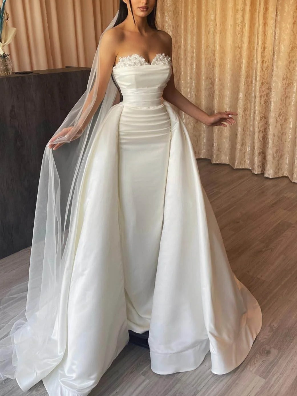Pearl Sweetheart Satin Ruched Waist Wedding Dress With Oversized Ballgown Skirt