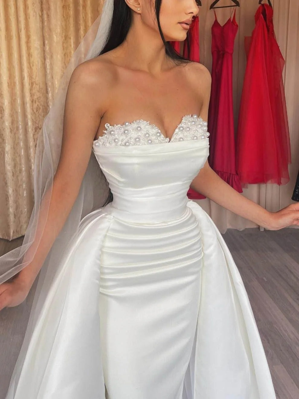 Pearl Sweetheart Satin Ruched Waist Wedding Dress With Oversized Ballgown Skirt