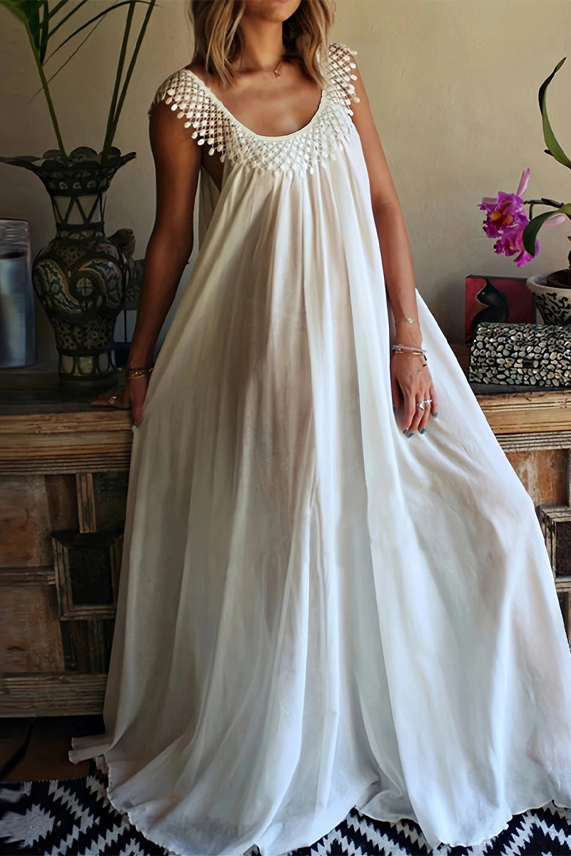 Casual Simplicity Solid Tassel U Neck Sleeveless Dresses - Fashionpara