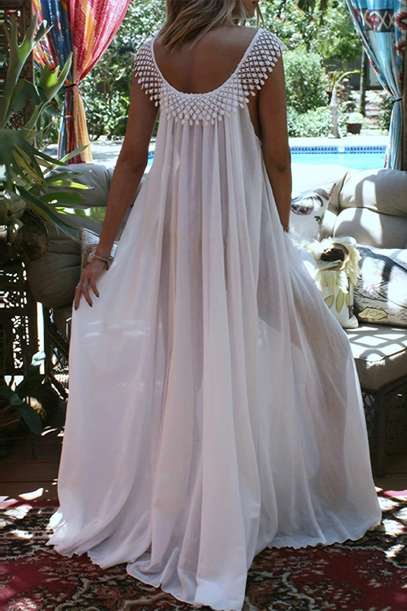 Casual Simplicity Solid Tassel U Neck Sleeveless Dresses - Fashionpara