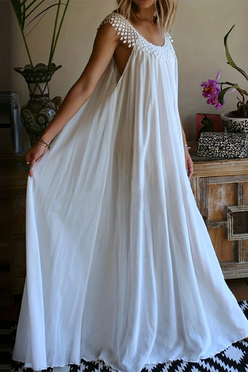 Casual Simplicity Solid Tassel U Neck Sleeveless Dresses - Fashionpara