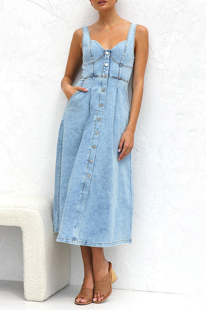 Angeline's Minimalist Solid Color Sleeveless Loose Denim Dresses with Pocket Buckle and V Neck Boutique Collection