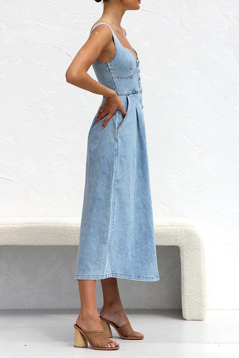 Angeline's Minimalist Solid Color Sleeveless Loose Denim Dresses with Pocket Buckle and V Neck Boutique Collection
