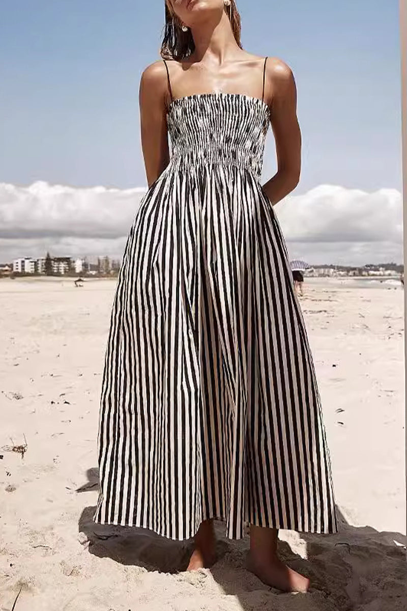 Casual Striped Pocket Fold Sling Dresses - Fashionpara