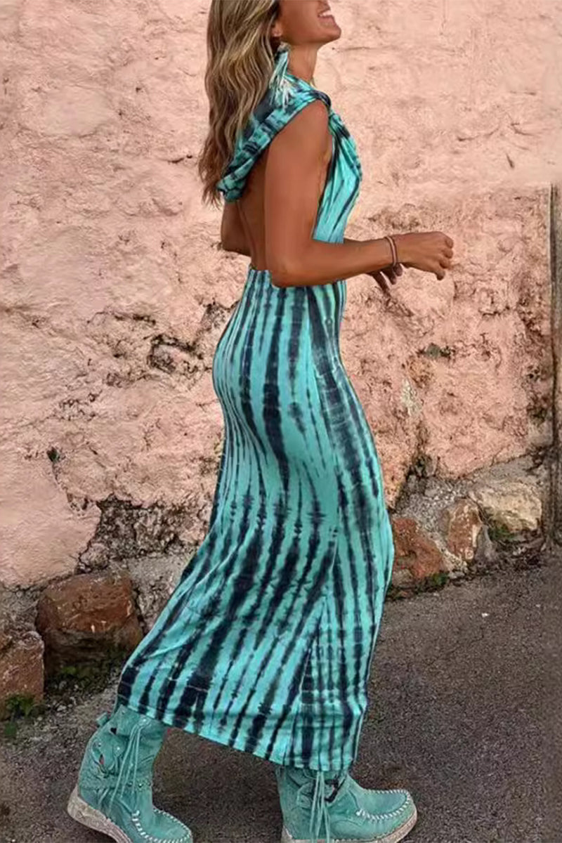 Katherine Minimalist Casual Bohemian Geometric Print Backless Hooded Collar One Step Skirt Dresses (without Belt) Elevated Occasion Wear