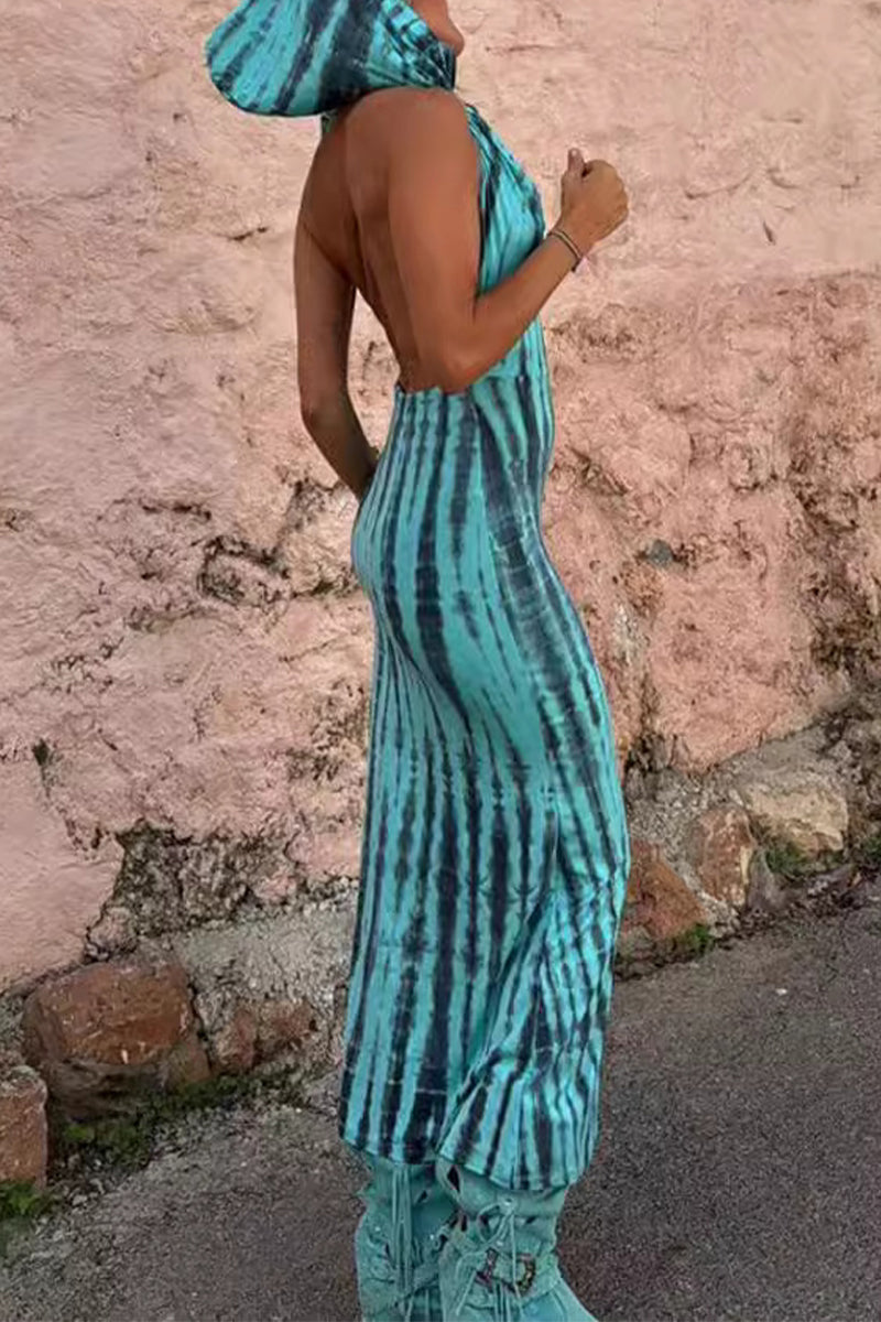 Katherine Minimalist Casual Bohemian Geometric Print Backless Hooded Collar One Step Skirt Dresses (without Belt) Elevated Occasion Wear