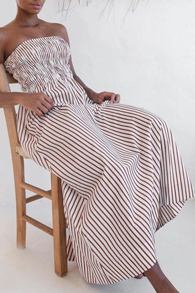 Casual Daily Striped Print Contrast Strapless Printed Dresses - Fashionpara