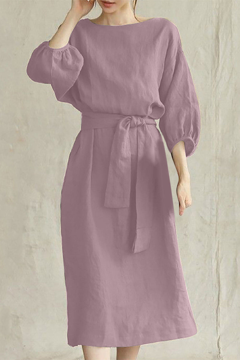 Beatrice Elevated Easygoing Half Sleeve Tie Waist Midi Dress Chic Silhouette Collection