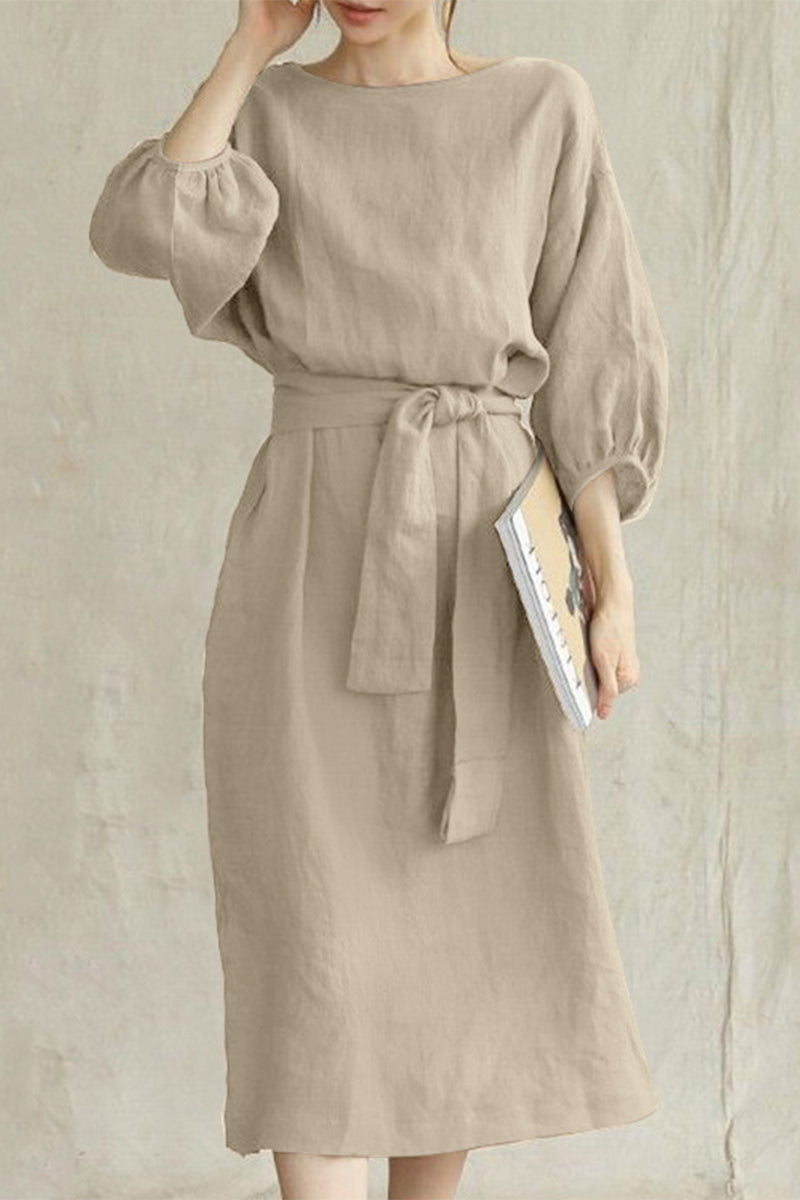 Beatrice Elevated Easygoing Half Sleeve Tie Waist Midi Dress Chic Silhouette Collection