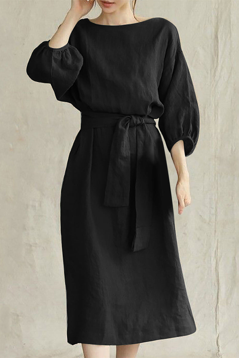 Beatrice Elevated Easygoing Half Sleeve Tie Waist Midi Dress Chic Silhouette Collection