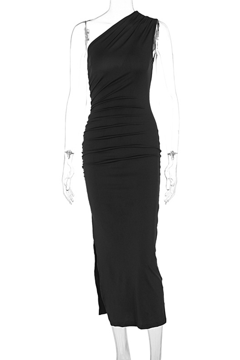 Viviana Elevated Solid Color Dresses with Slit, Slanted Collar and One Tiered Skirt Premium Wardrobe Essential