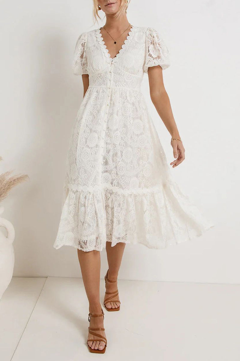 Casual Daily Solid Color Lace Buttons V Neck A Line Dresses(4 Colors) - Fashionpara