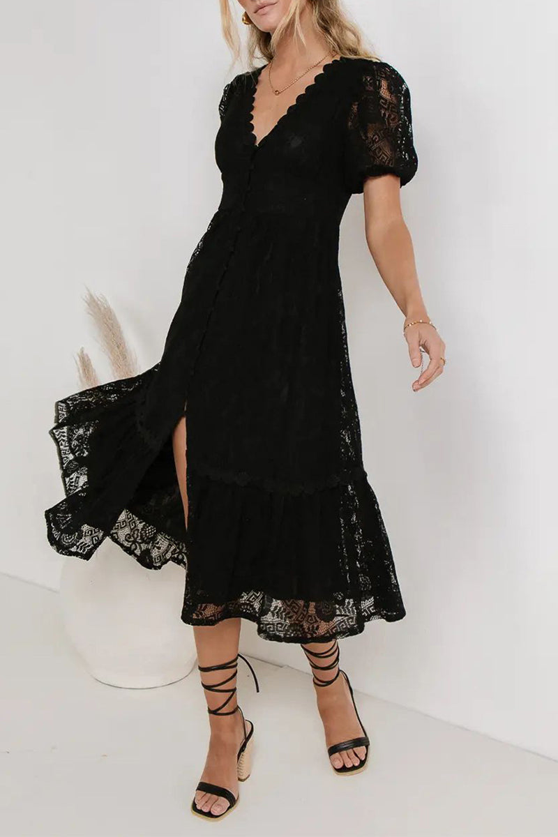 Casual Daily Solid Color Lace Buttons V Neck A Line Dresses(4 Colors) - Fashionpara