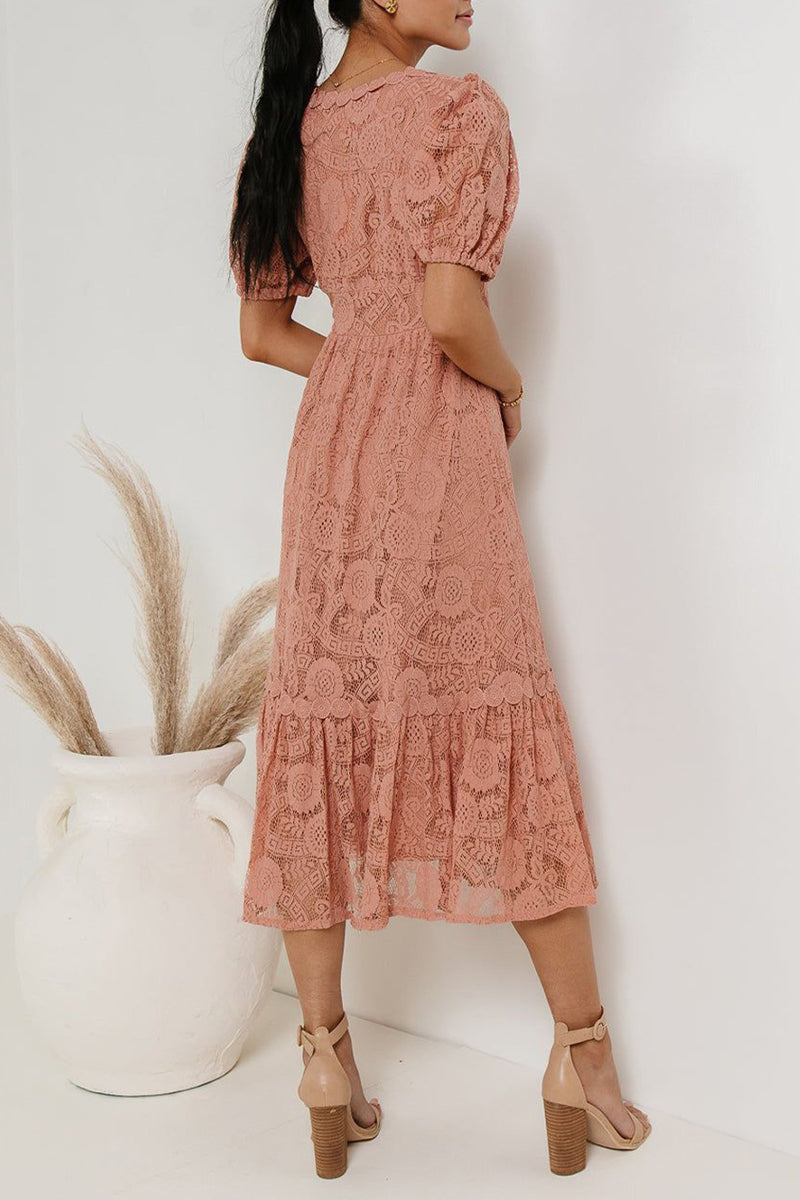 Casual Daily Solid Color Lace Buttons V Neck A Line Dresses(4 Colors) - Fashionpara